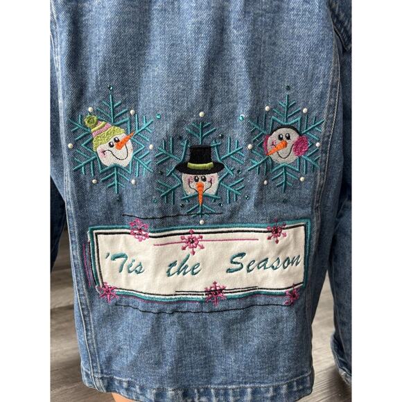 Pulp Womens Embroidered Jean Jacket Size M Snowmen Winter VTG 90s Christmas - Picture 8 of 11